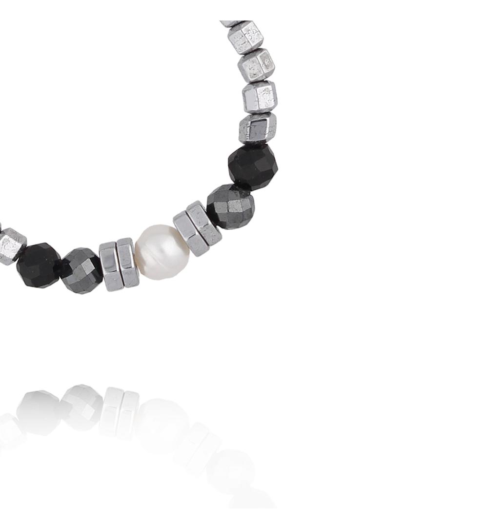 pierścionek z hematytu, czarnych kamieni i perły PTW0648