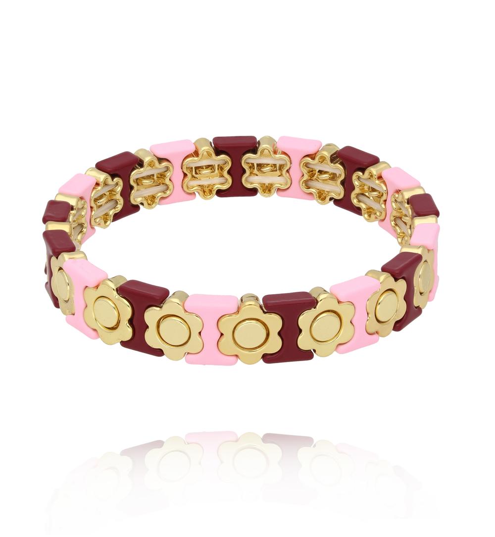 Bransoletka elastyczna z kwiatowym motywem w odcieniach różu, bordo i złota BCR0091