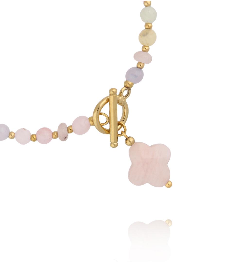 Bransoletka z morganitami z koniczynką i złotym zapięciem BPA0634