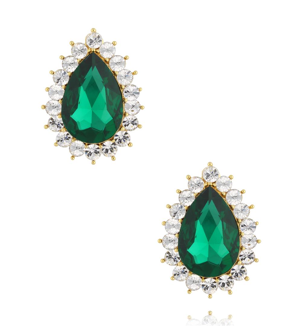 Kolczyki z zielonymi kryształami w kształcie kropli i cyrkoniami w złotym wykończeniu KSS2253
