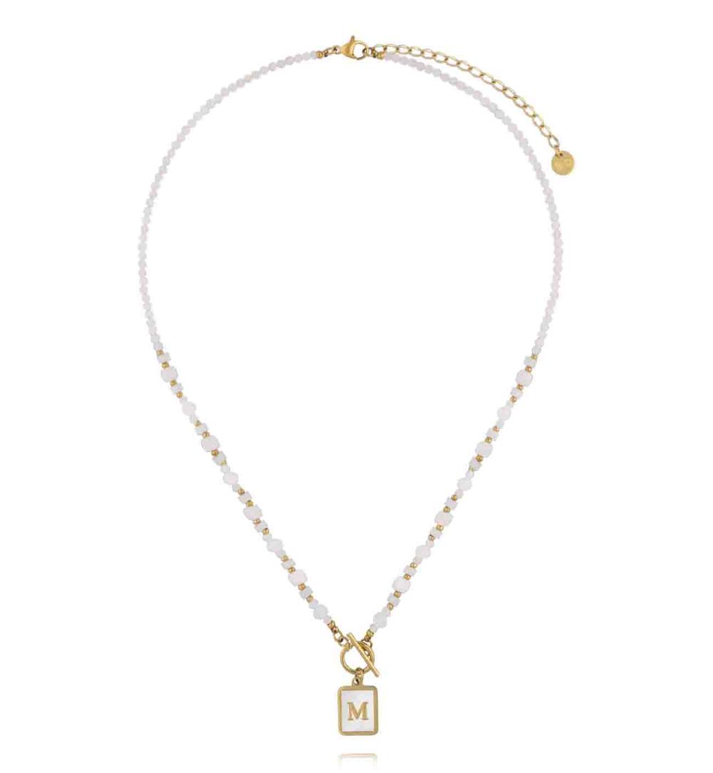 Naszyjnik z kamieni księżycowych i jadeitów z zawieszką z literą M NTW1605