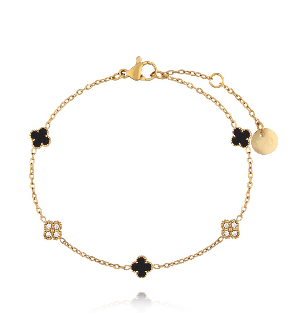 Bransoletka złota z czarnymi koniczynkami i cyrkoniami BSY0543