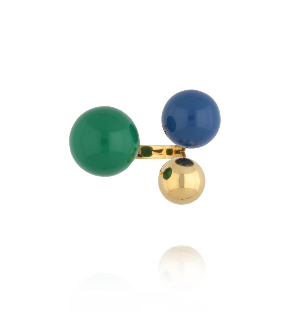 Pierścionek z kolorowymi kulami – zieleń, błękit i złoto PSA1112