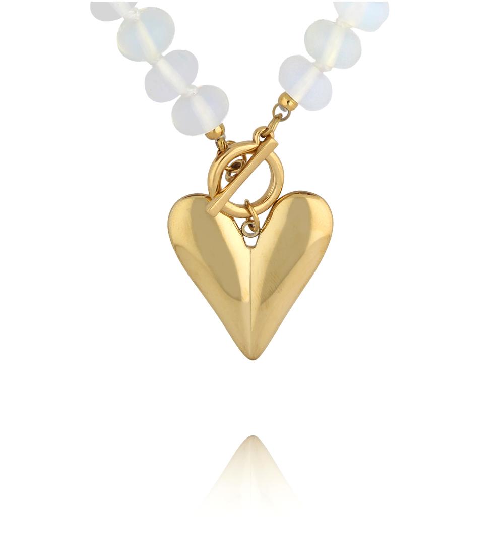 Naszyjnik z białego opalu z pozłacanym sercem NPA1598