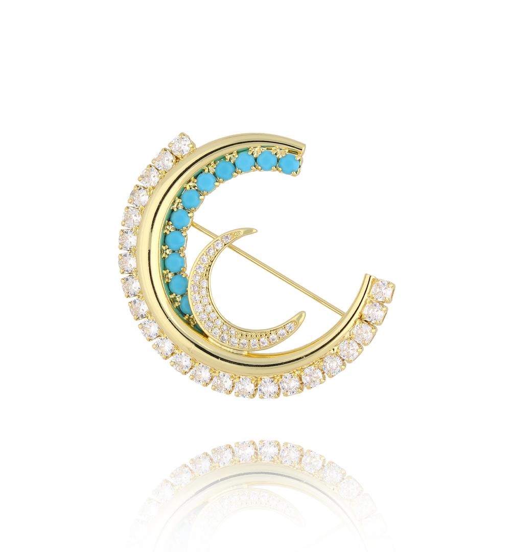 Broszka złoto turkusowa z księżycem Blue Moon BRSS0242