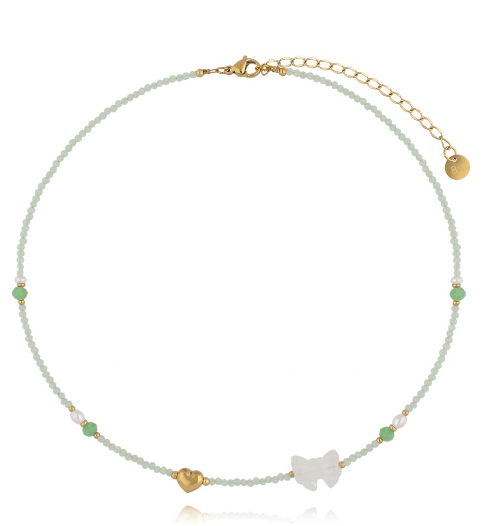 Naszyjnik z jadeitów, perełką i zawieszkami – motylek i serce NPA1432