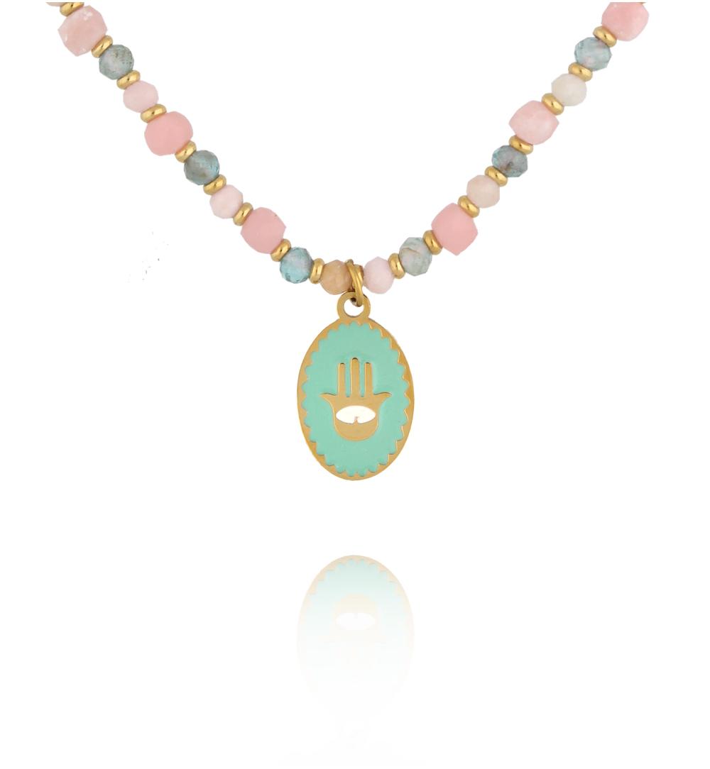 Naszyjnik z różowym opalem i apatytami z zawieszką dłoni Fatimy NTW1638