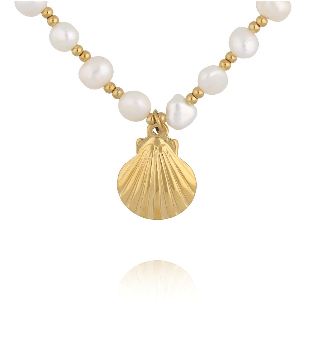 Naszyjnik z perłami i złotą muszlą NPE0387