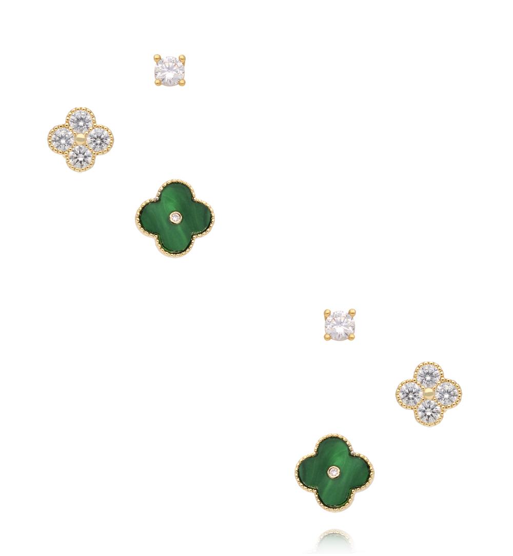 Zestaw kolczyków złoconych z koniczynką, cyrkoniami i zielonym akcentem KMB0004