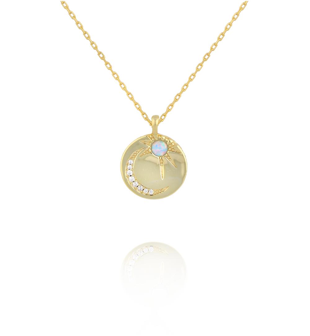 Naszyjnik z okrągłą zawieszką z opalem, księżycem i gwiazdą NCA0097