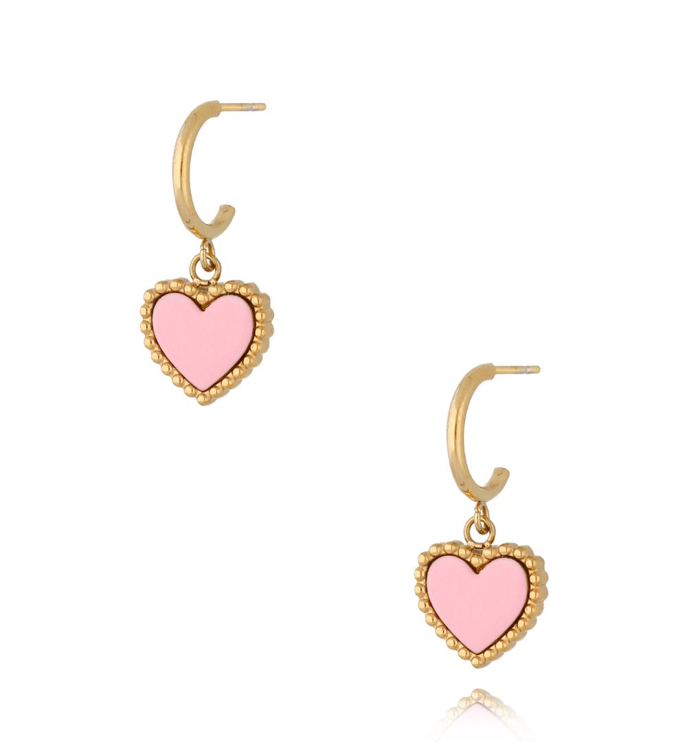 Kolczyki złote z sercem i różową emalią Enamel Heart KSA0876