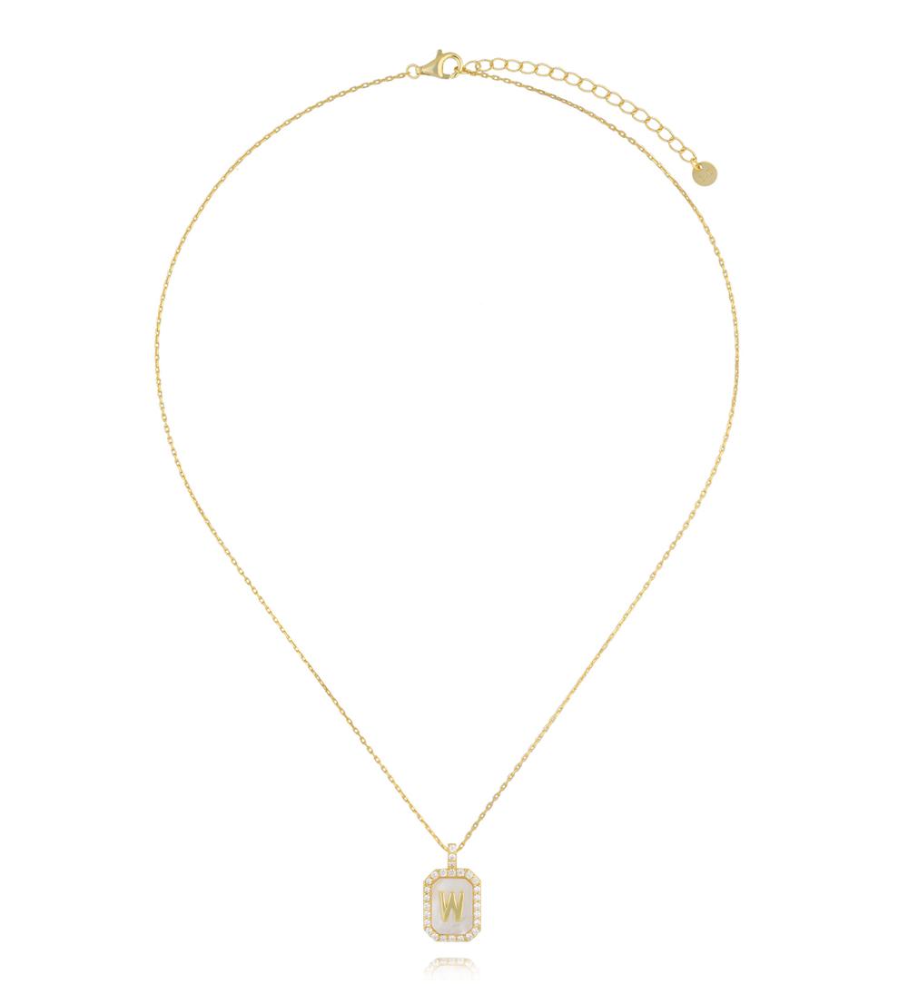 Naszyjnik z literką W na perłowym tle z cyrkoniami NCA0109