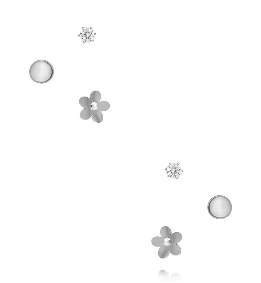 Zestaw kolczyków srebrnych – kwiatek, perełkowe kółko i cyrkonia KSY0423