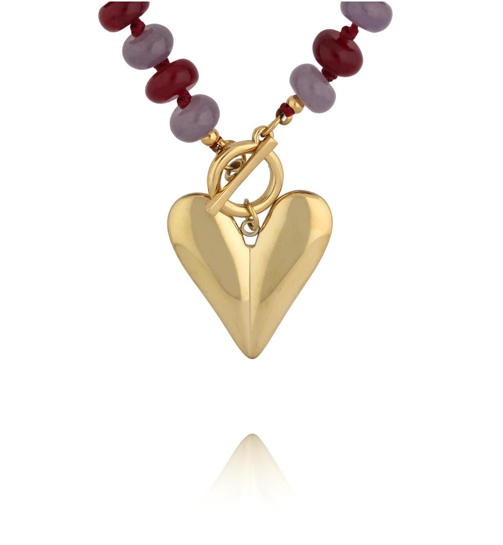 Naszyjnik z jadeitu w odcieniach bordo i lawendy z pozłacanym sercem NPA1589