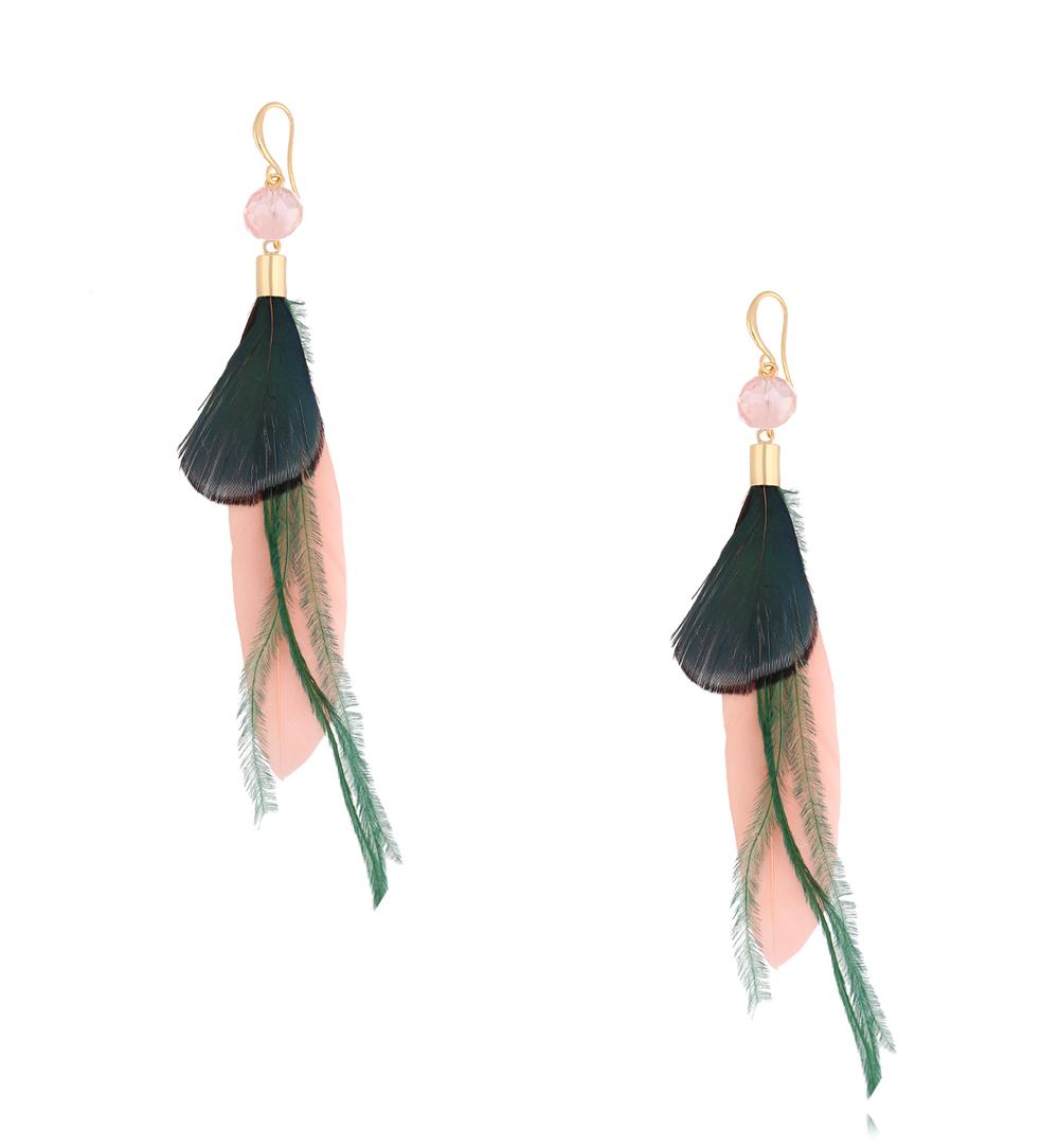 Kolczyki różowo zielone z piórkami Boho Feathers KFF0090
