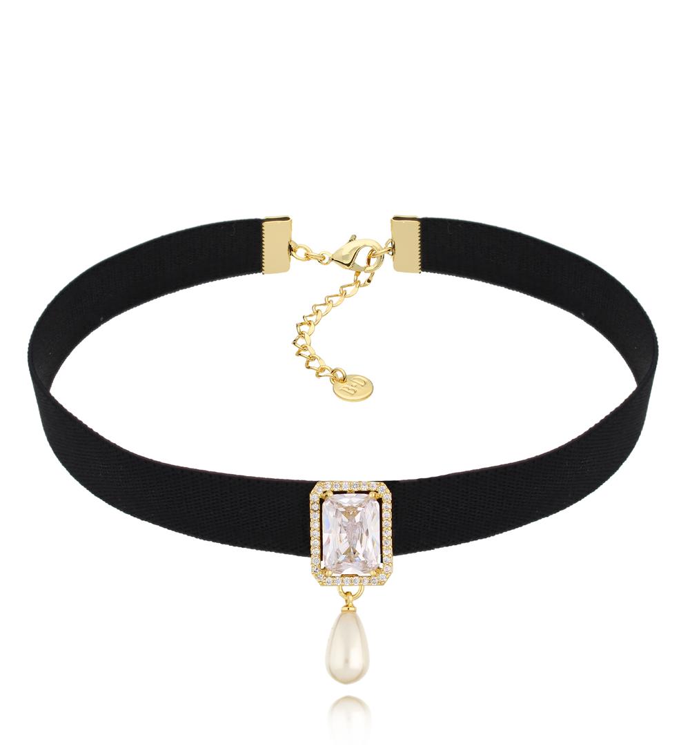 Choker czarny z kryształem i perłą fabulous NS0187