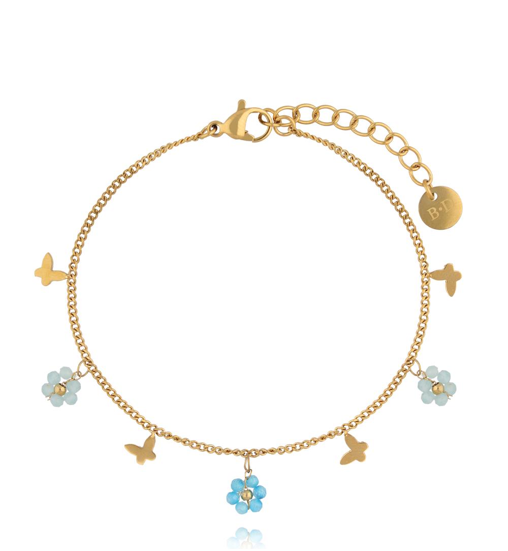 Bransoletka ze stali szlachetnej z motylkami i kwiatkami z amazonitu BTW3677