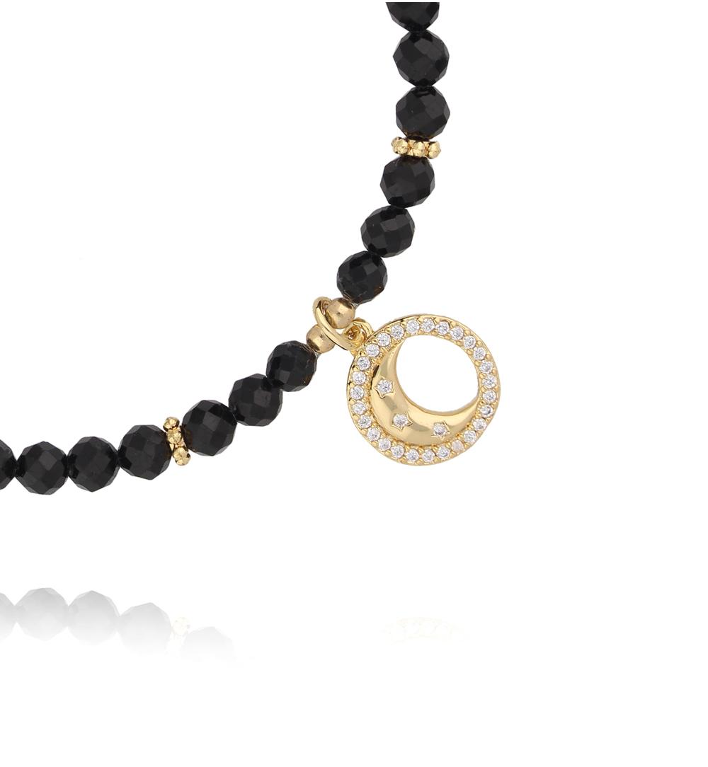 Bransoletka z czarnych agatów z zawieszką księżyca BTW3614