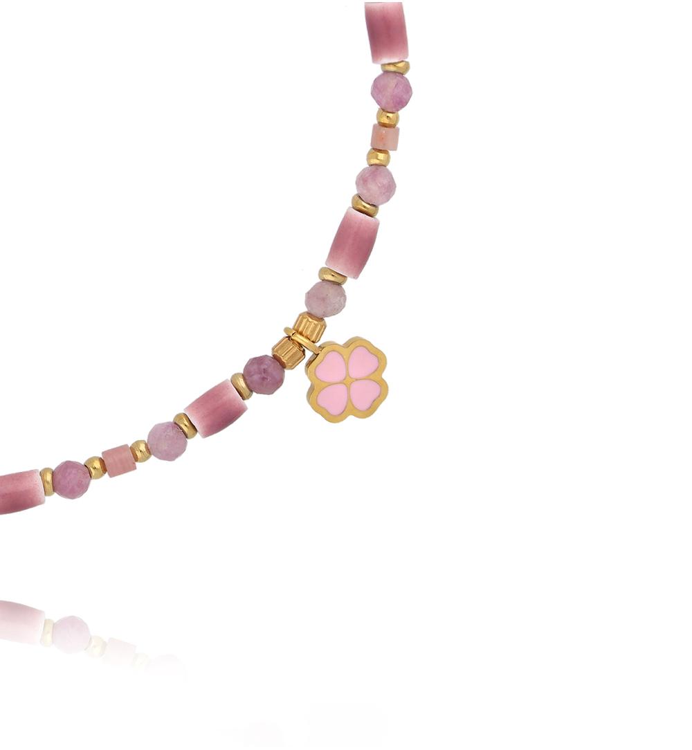 Bransoletka z różowym turmalinem, ceramiką i zawieszką w kształcie kwiatka BNPA0022