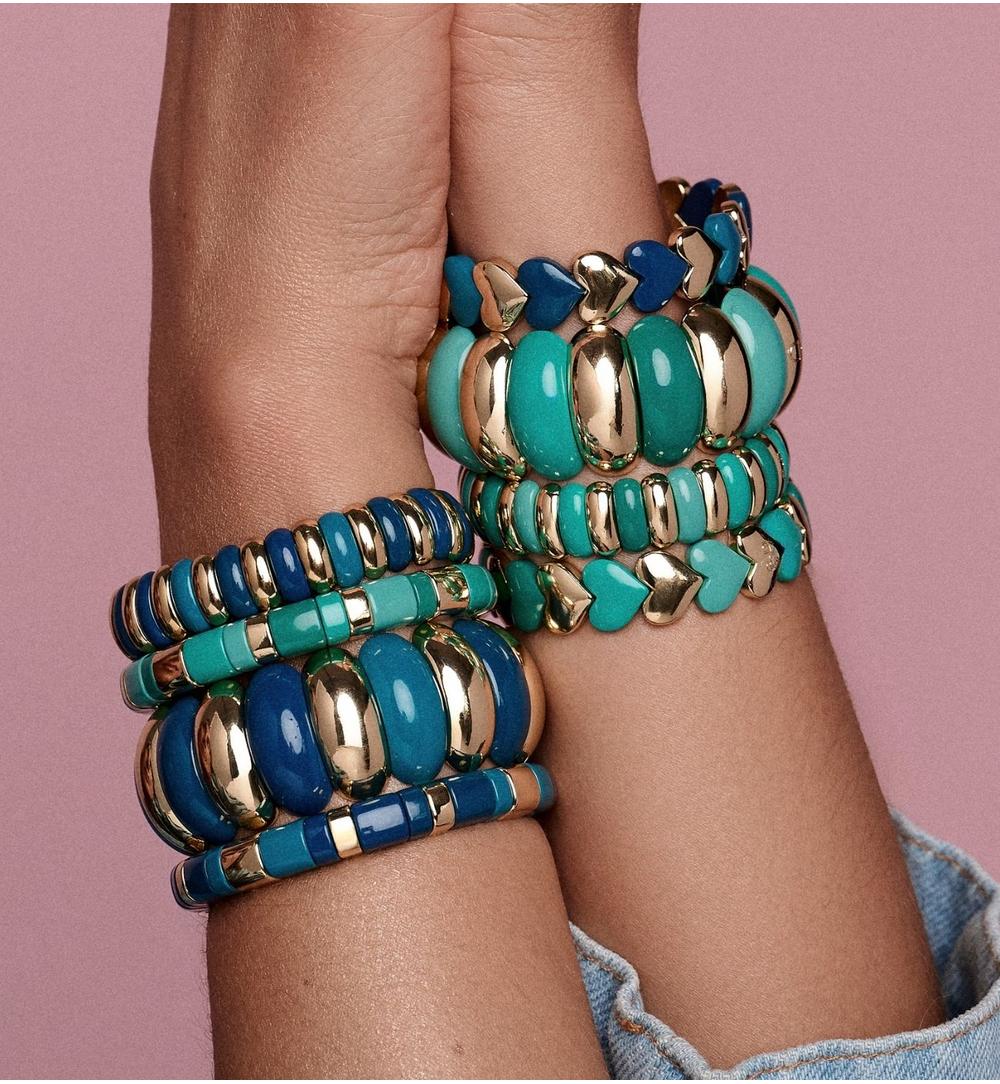 Bransoletka elastyczna z serduszkami w odcieniach turkusu i złota BCR0081