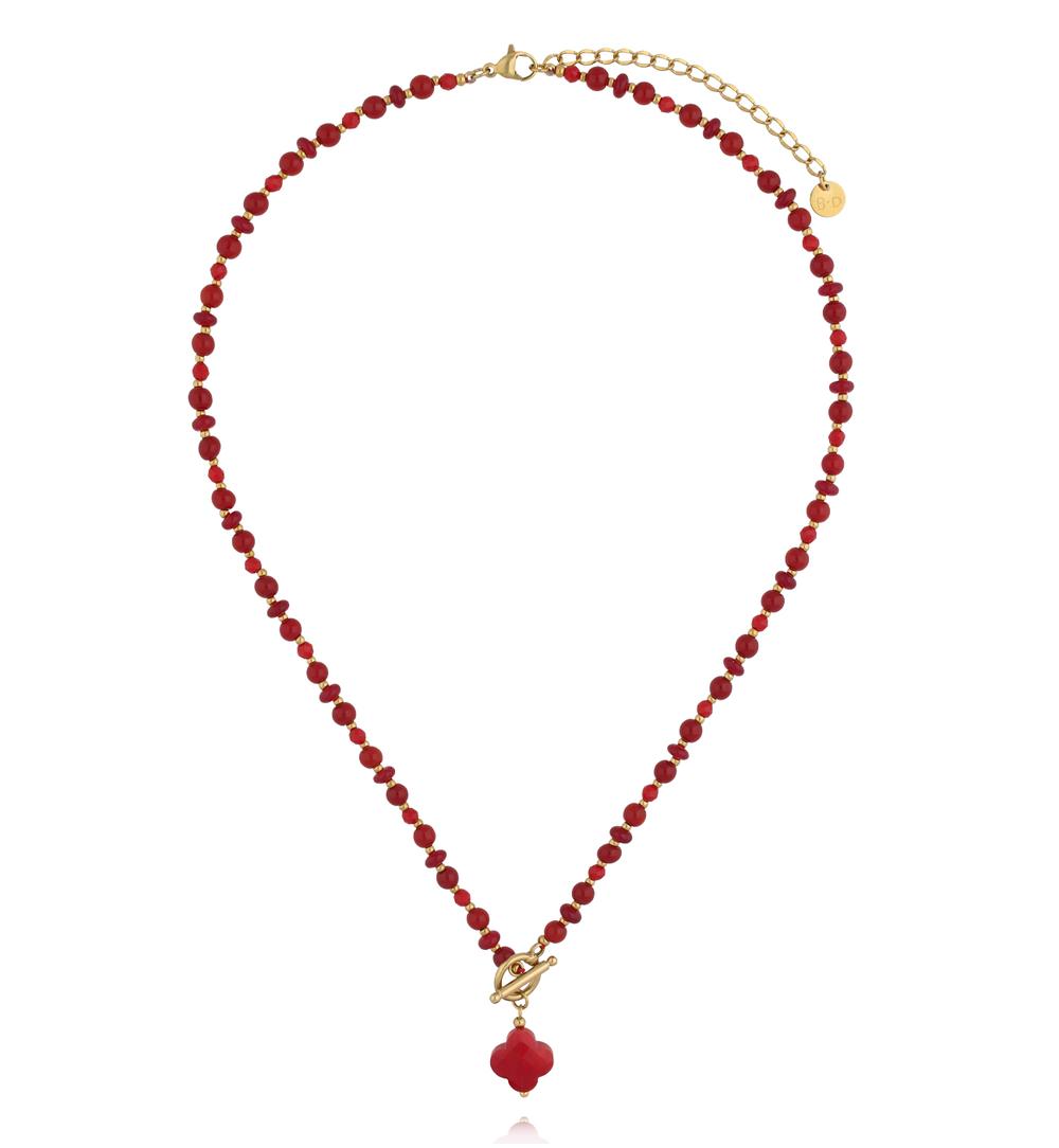 Zestaw biżuterii z bordowymi kamieniami i koniczynką ZN0231