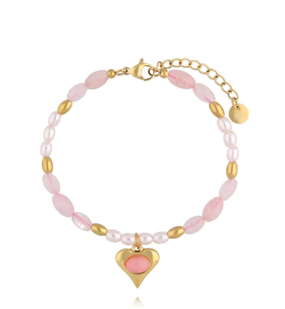 Zestaw bransoletek z kwarcu różowego i pereł z motywem serca ZN0156