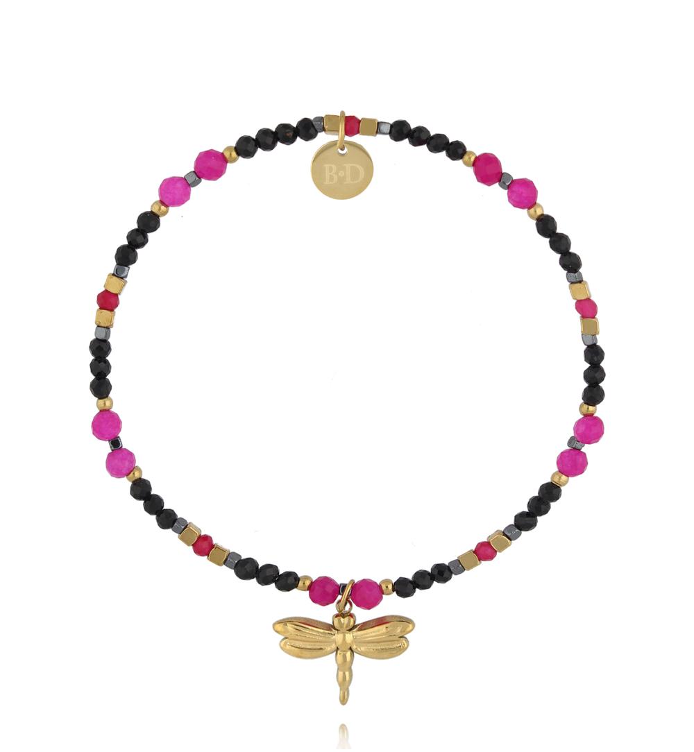 Bransoletka czarno fuksjowa z ważką BTW3664