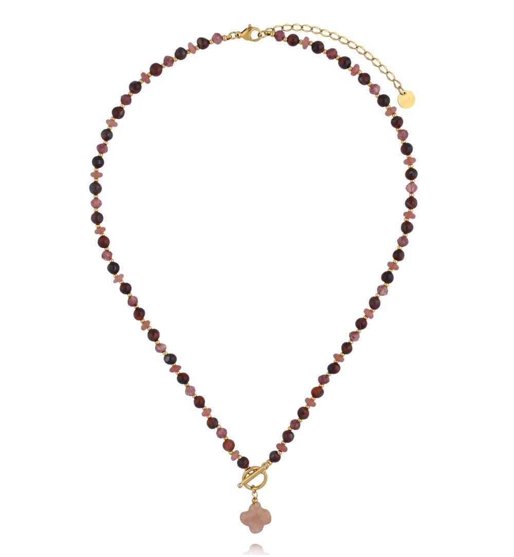 Naszyjnik z kwarcu truskawkowego z zawieszką koniczynki NPA1624