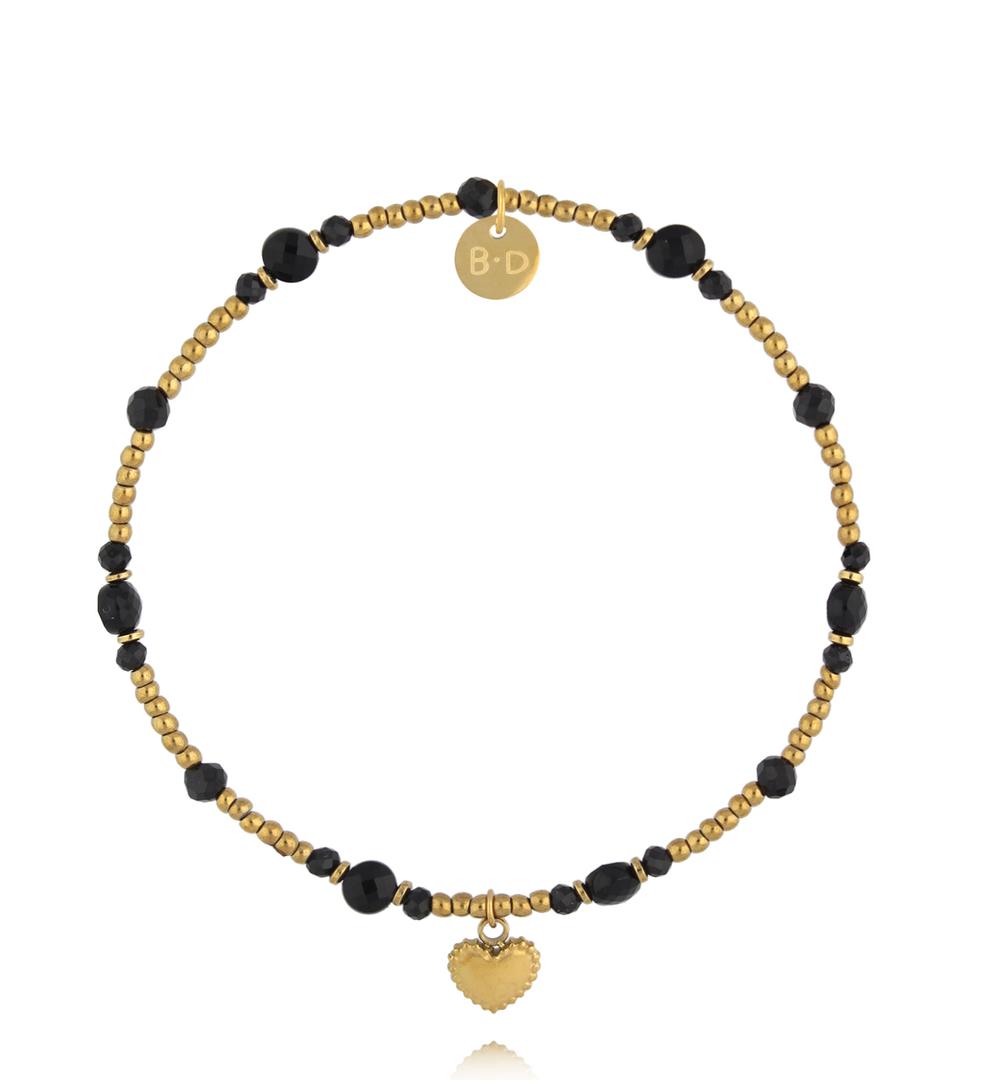 Bransoletka z czarnego turmalinu i agatu ze złotym sercem BTW3516