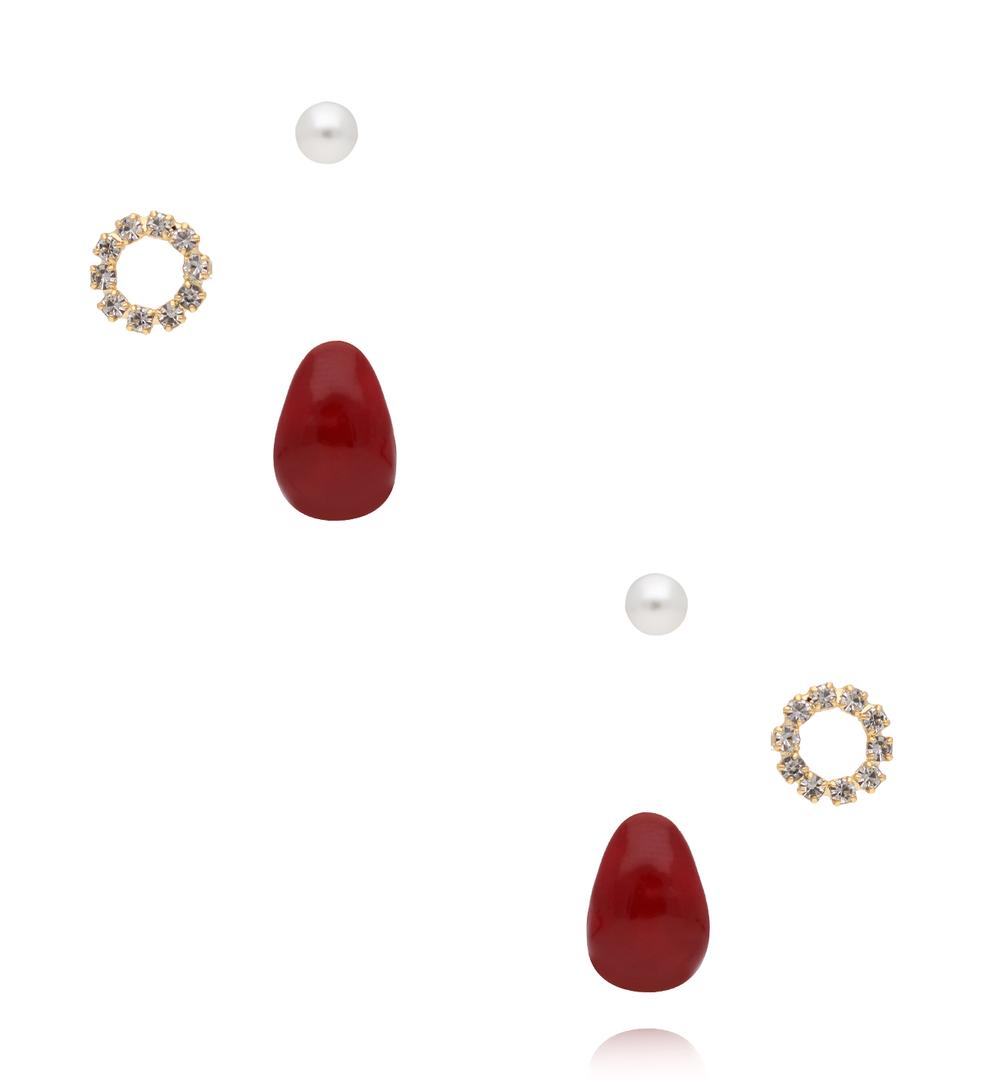 Zestaw kolczyków z perłą, kryształowym okręgiem i bordowym akcentem KMB0044