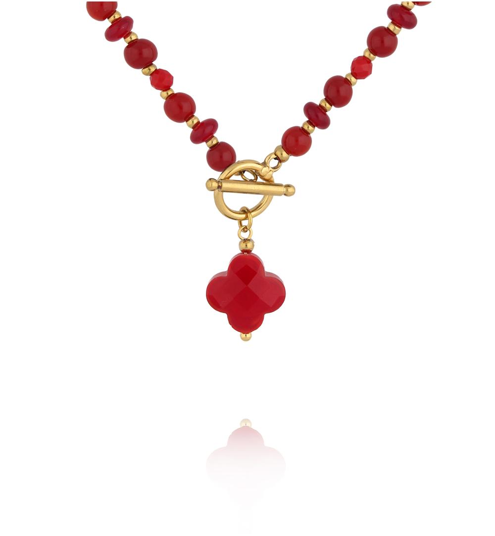 Naszyjnik z czerwonego jadeitu z zawieszką koniczynki NPA1613