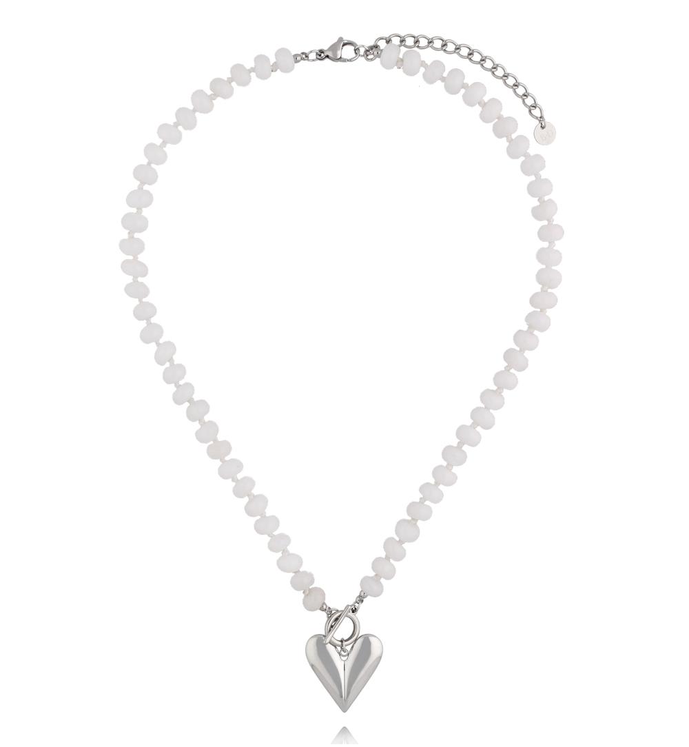 Naszyjnik z białego jadeitu z posrebrzanym sercem NPA1634