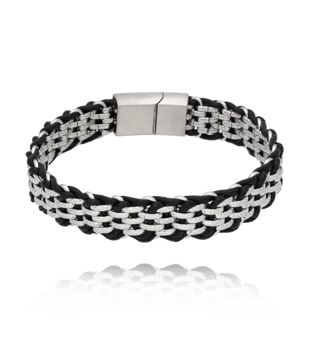 Zestaw męskich bransoletek skórzano-stalowych w czerni i srebrze ZN0099