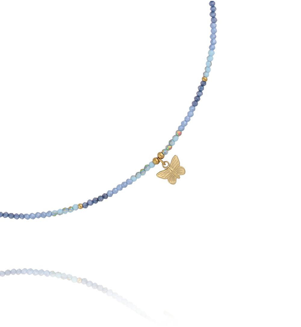 Naszyjnik z niebieskiej cyrkonii i szklanych kryształków z zawieszką – motyl NTW1627