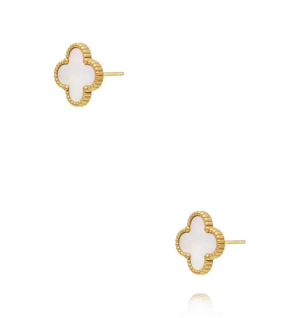 Kolczyki koniczynki z masą perłową w złotej oprawie KSY0665