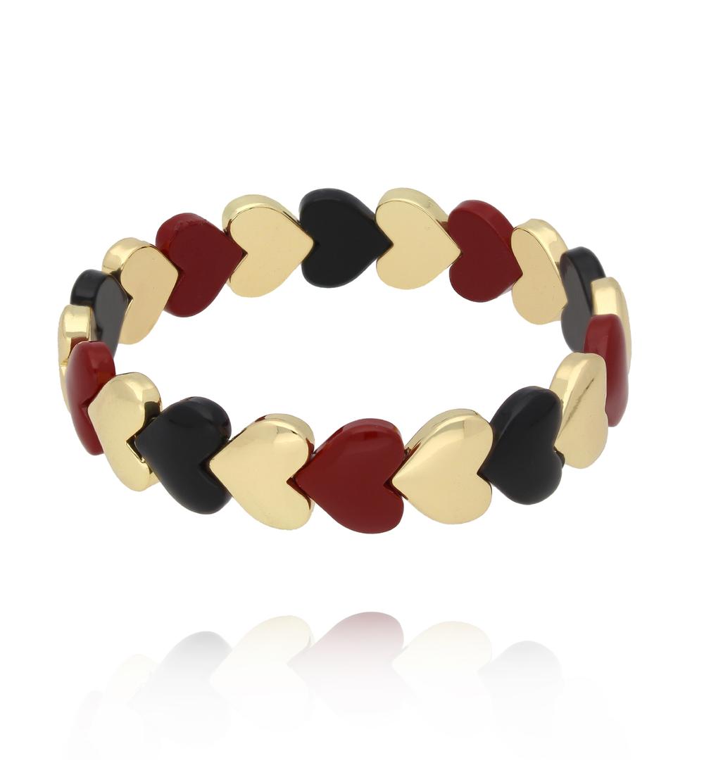 Bransoletka elastyczna z serduszkami w odcieniach czerni, bordo i złota BCR0083