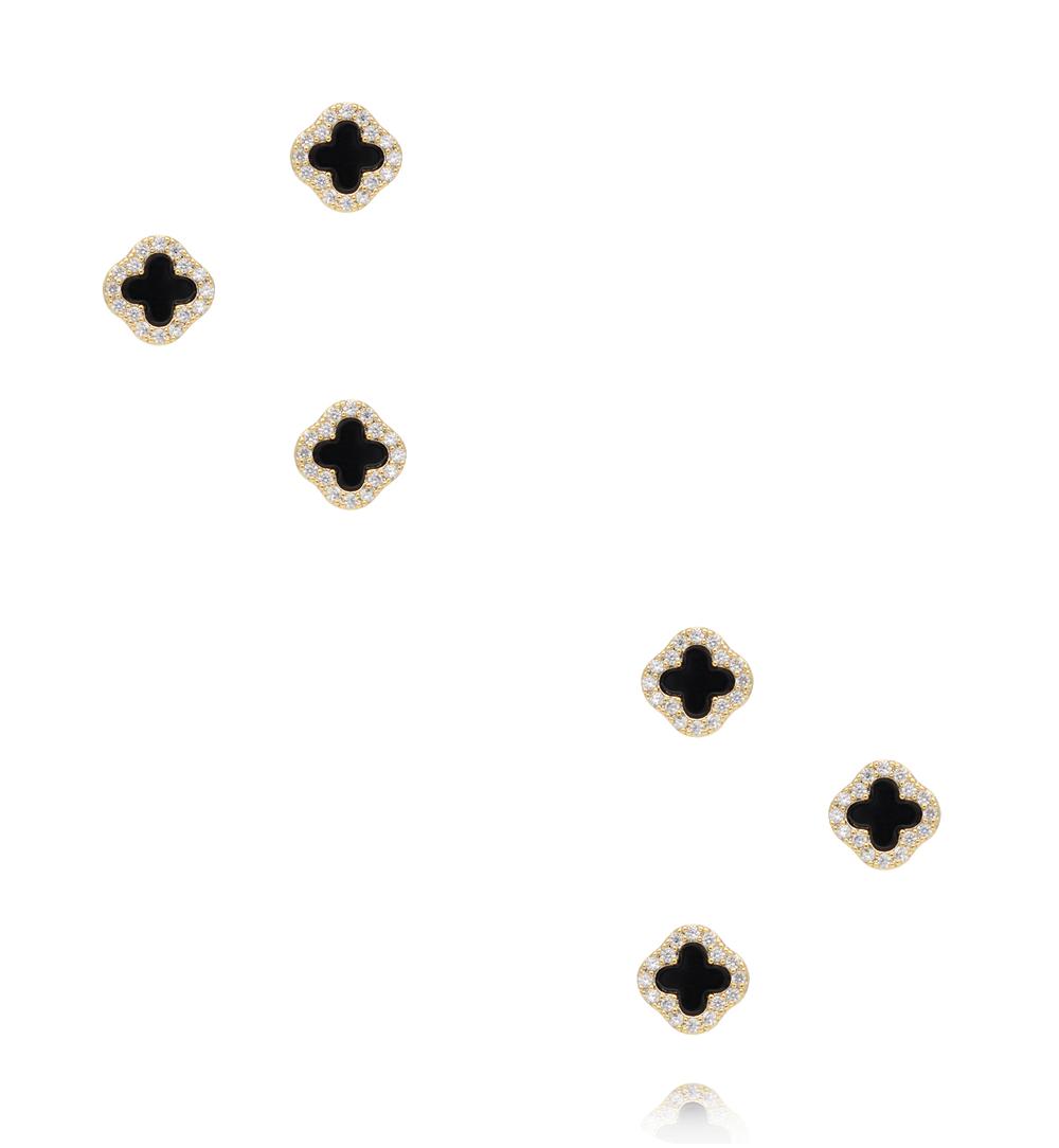 Zestaw złoconych kolczyków czarnych koniczynek z cyrkoniami KMB0040