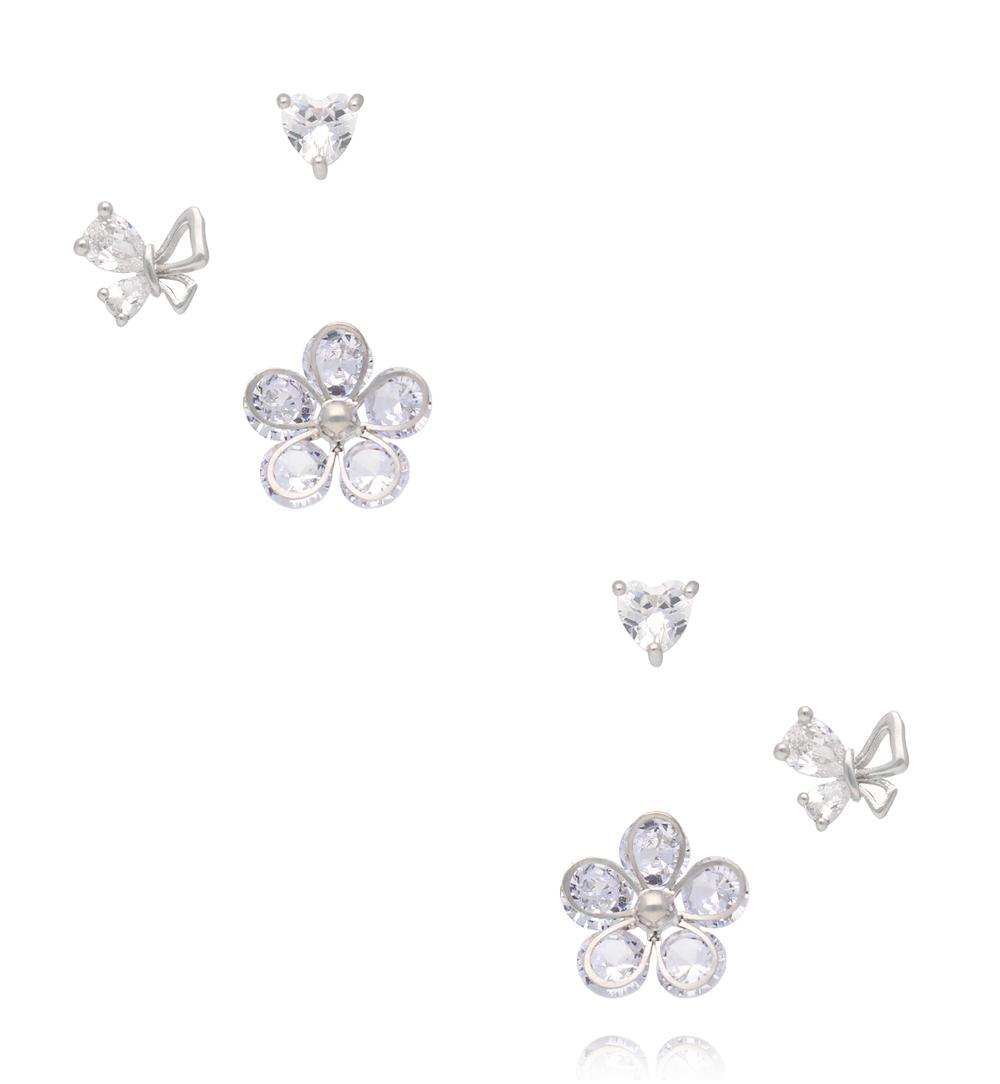 Zestaw srebrnych kolczyków z cyrkoniami – kwiat, serce i kokardka KMB0026