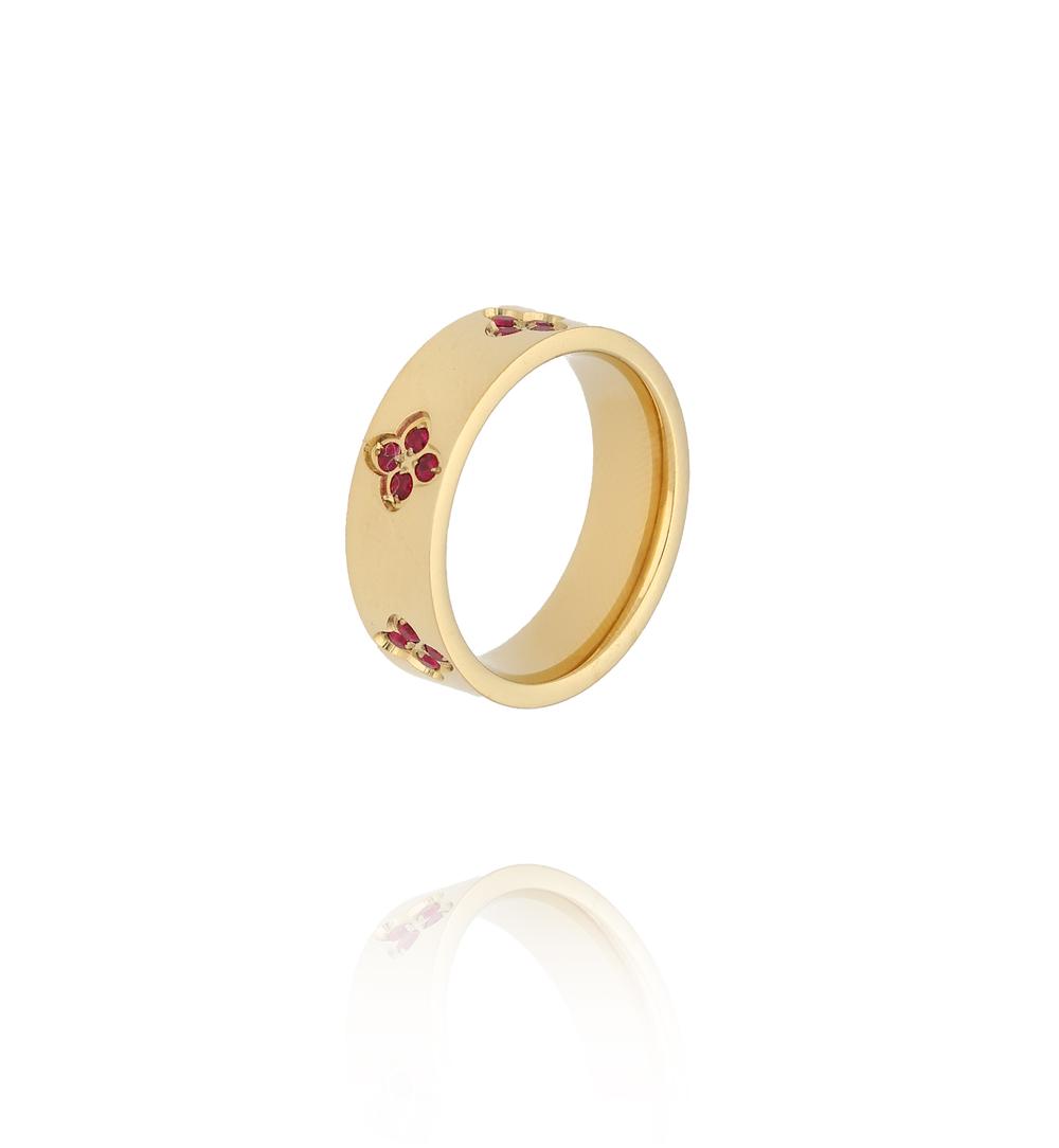 Pierścionek szeroki złoty z motywem koniczynki i cyrkoniami PSY0137