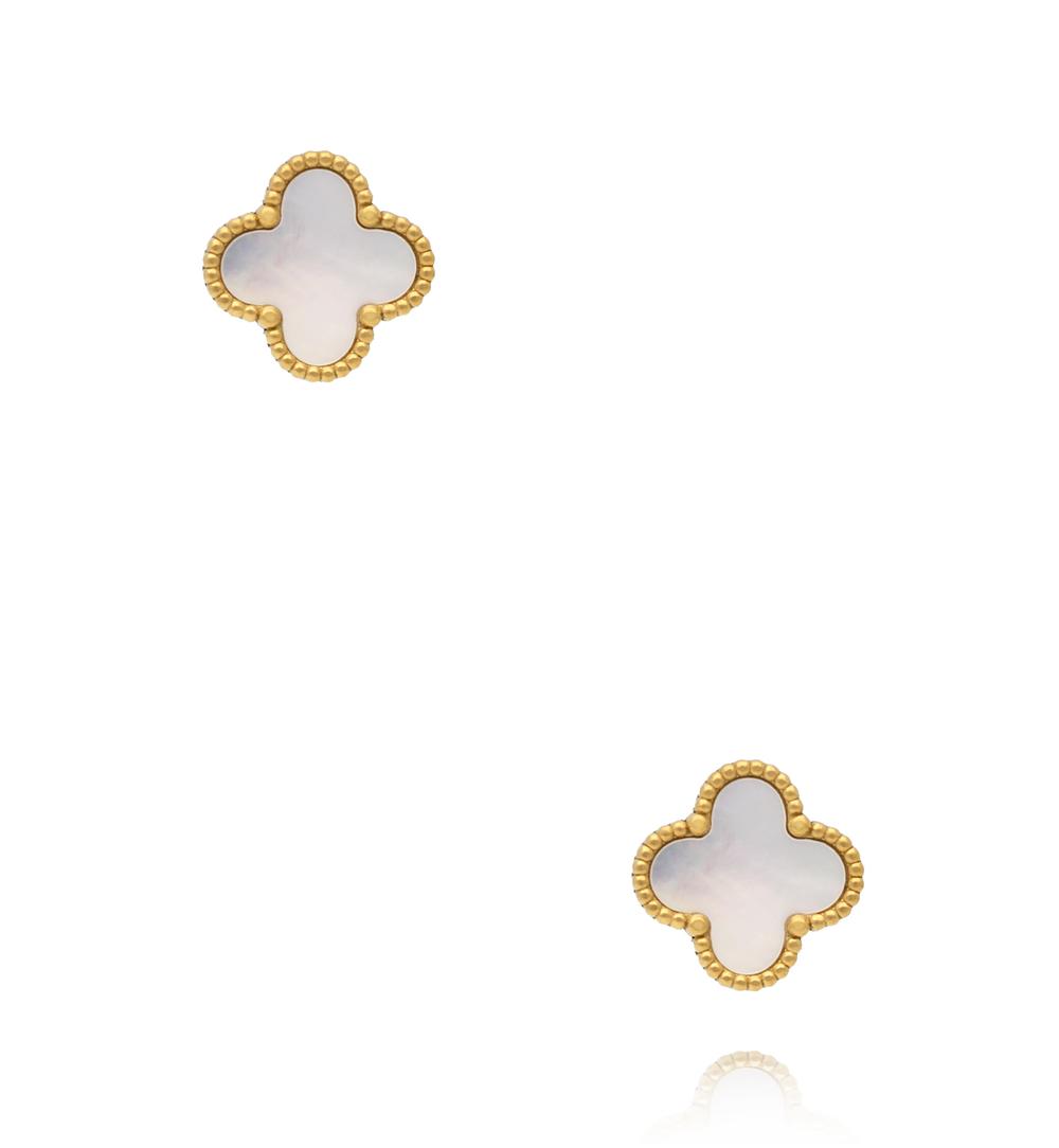 Kolczyki koniczynki z masą perłową w złotej oprawie KSY0665