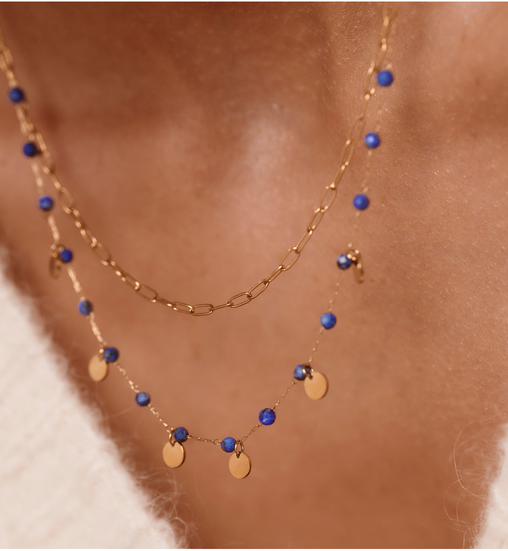 Naszyjnik warstwowy ze złoceniem i lapis lazuli NEA0098