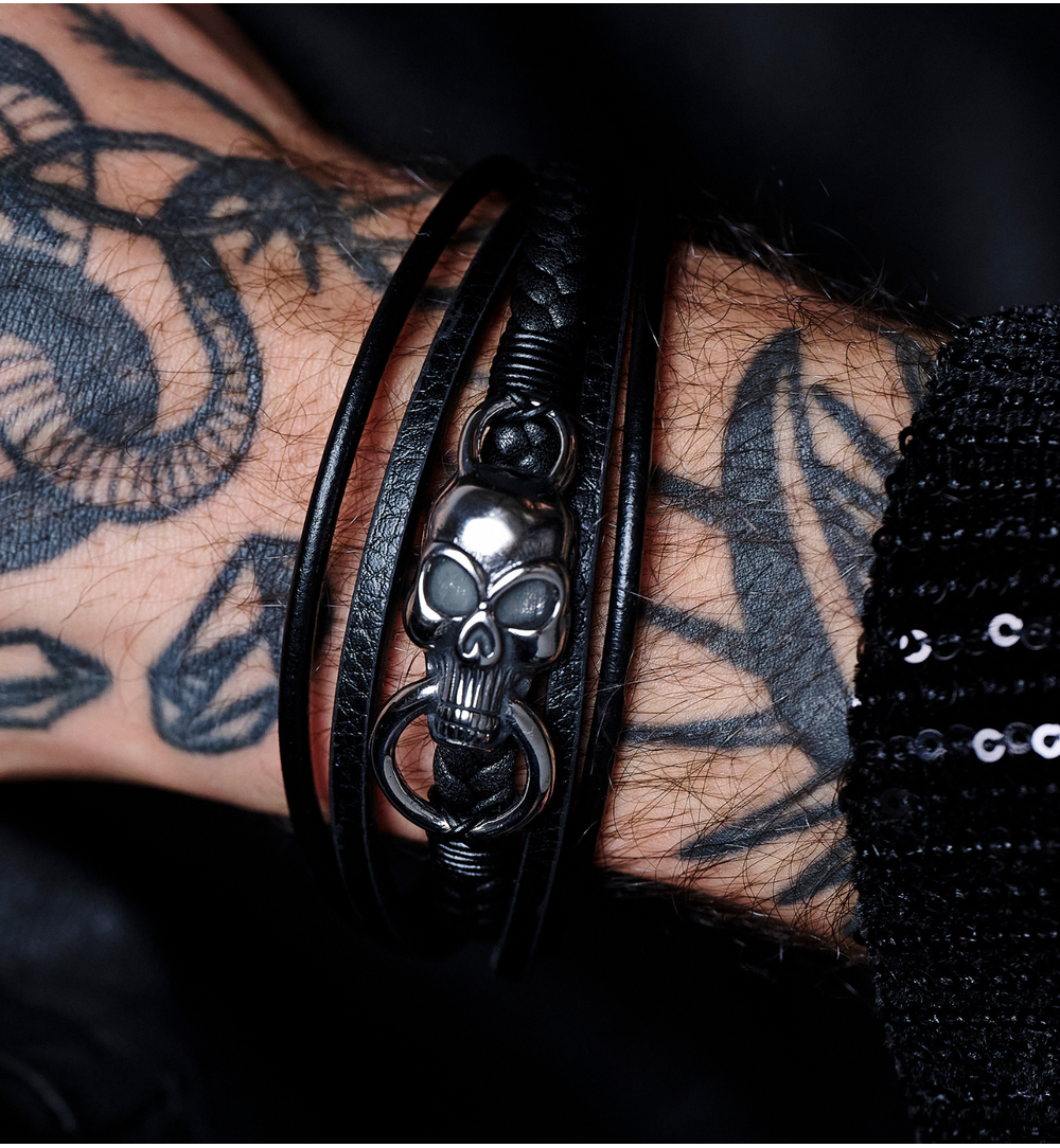 Bransoletka męska skórzana z czaszką Meldun BMITC0551