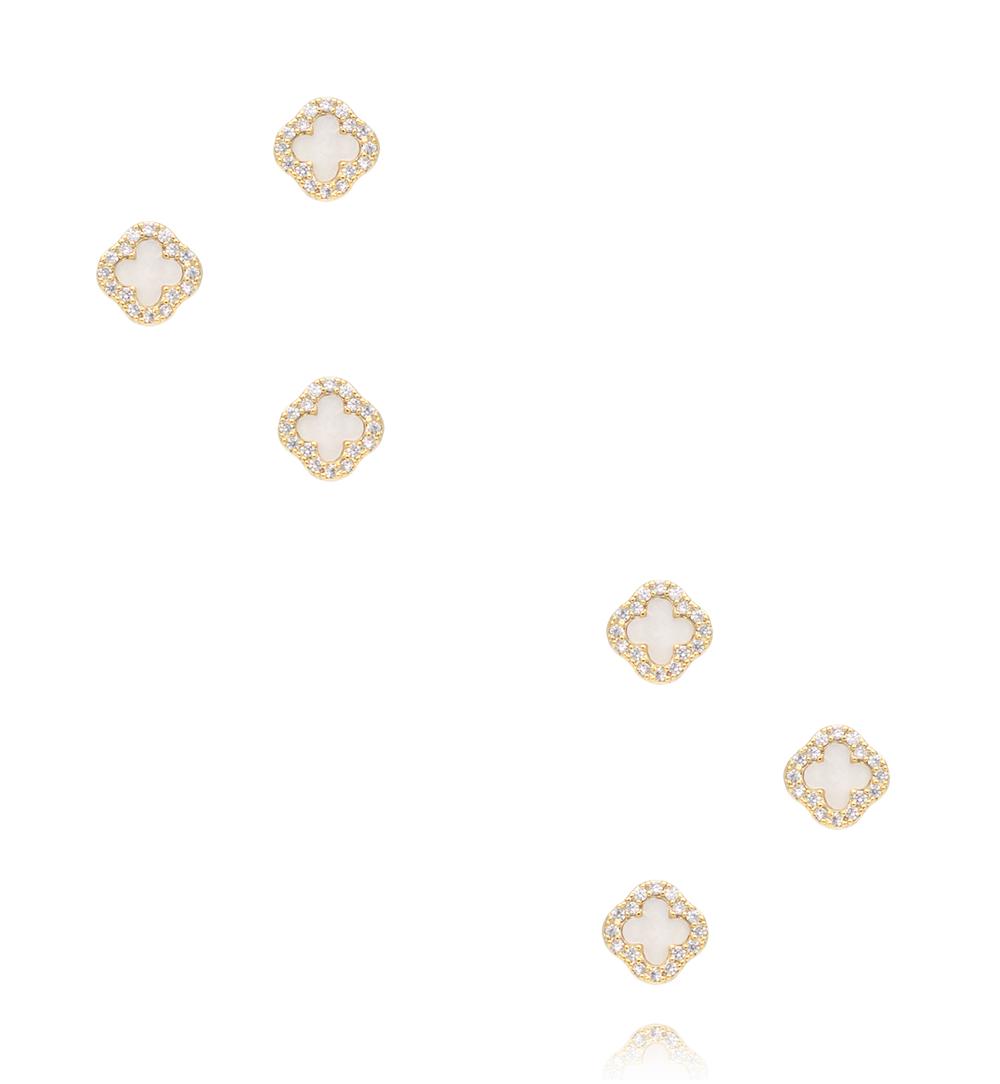 Zestaw złoconych kolczyków białych koniczynek z cyrkoniami KMB0041