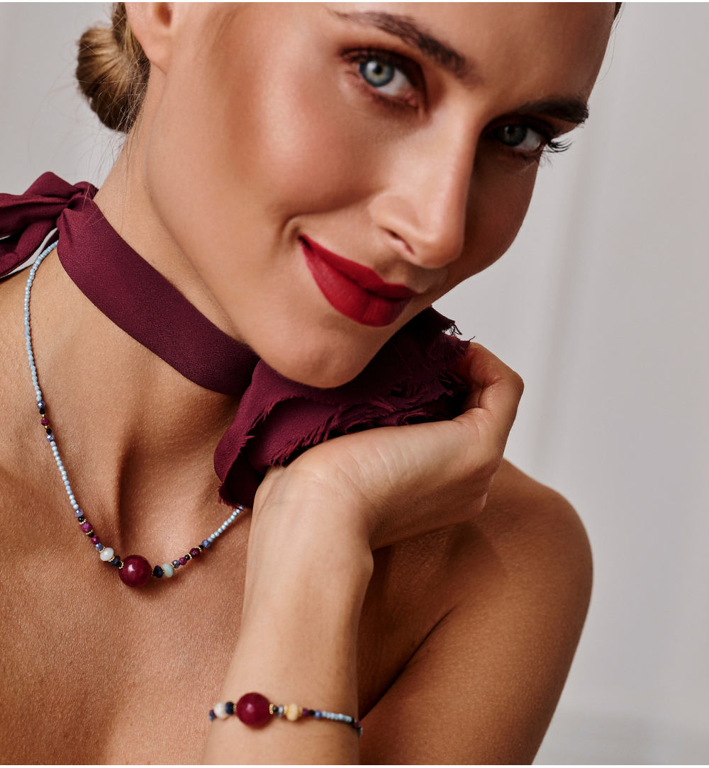 Bransoletka z akwamarynem, jadeitem i rubinowym akcentem BPA0611