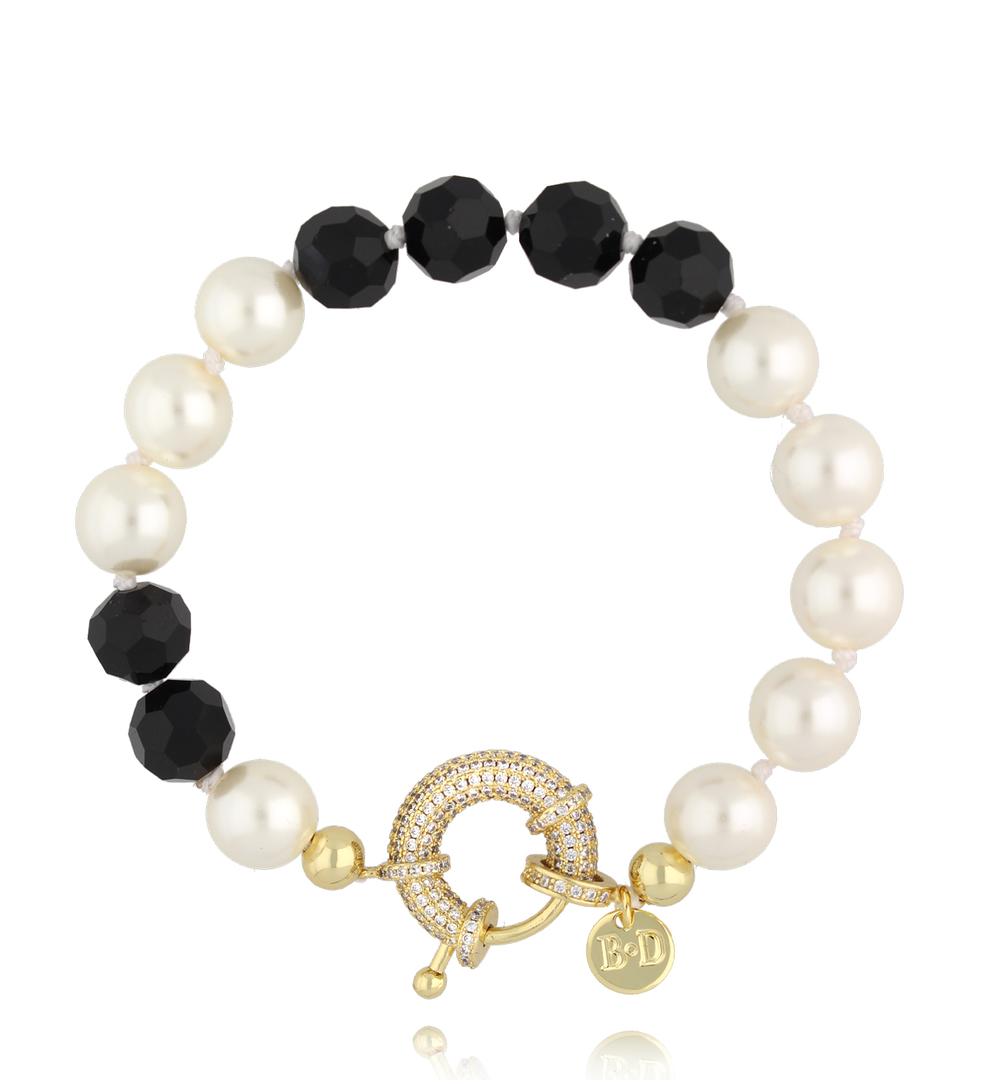 Bransoletka z pereł i czarnych kryształów z okrągłym zapięciem BPE0160
