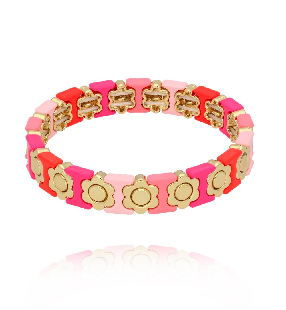 Bransoletka elastyczna z kolorowymi kwiatuszkami i złotymi akcentami BCR0042