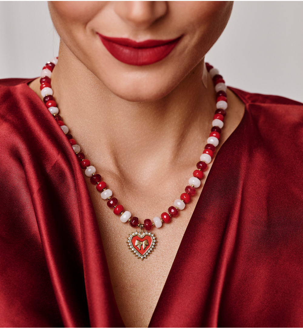 Naszyjnik czerwony z sercem i kokardką NPA1418