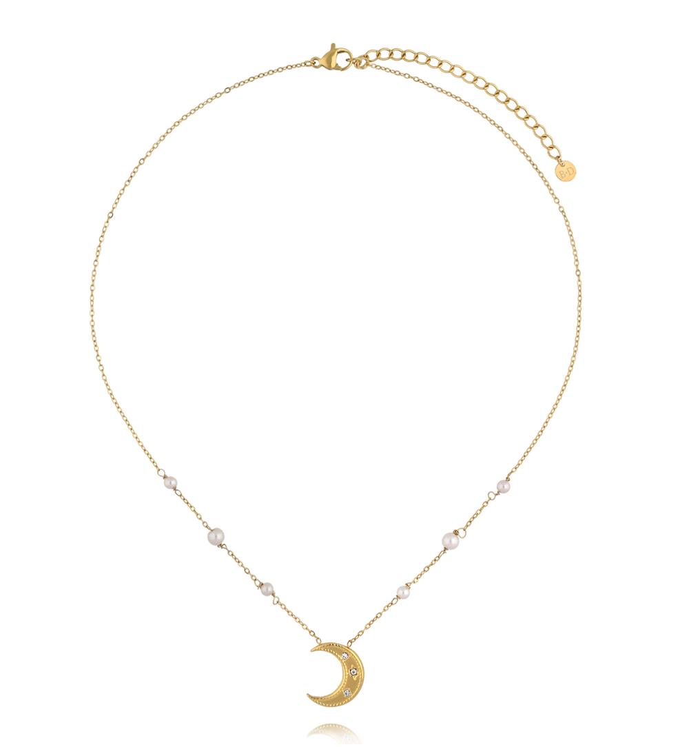 Naszyjnik z księżycem i perełkami złoty NEA0068