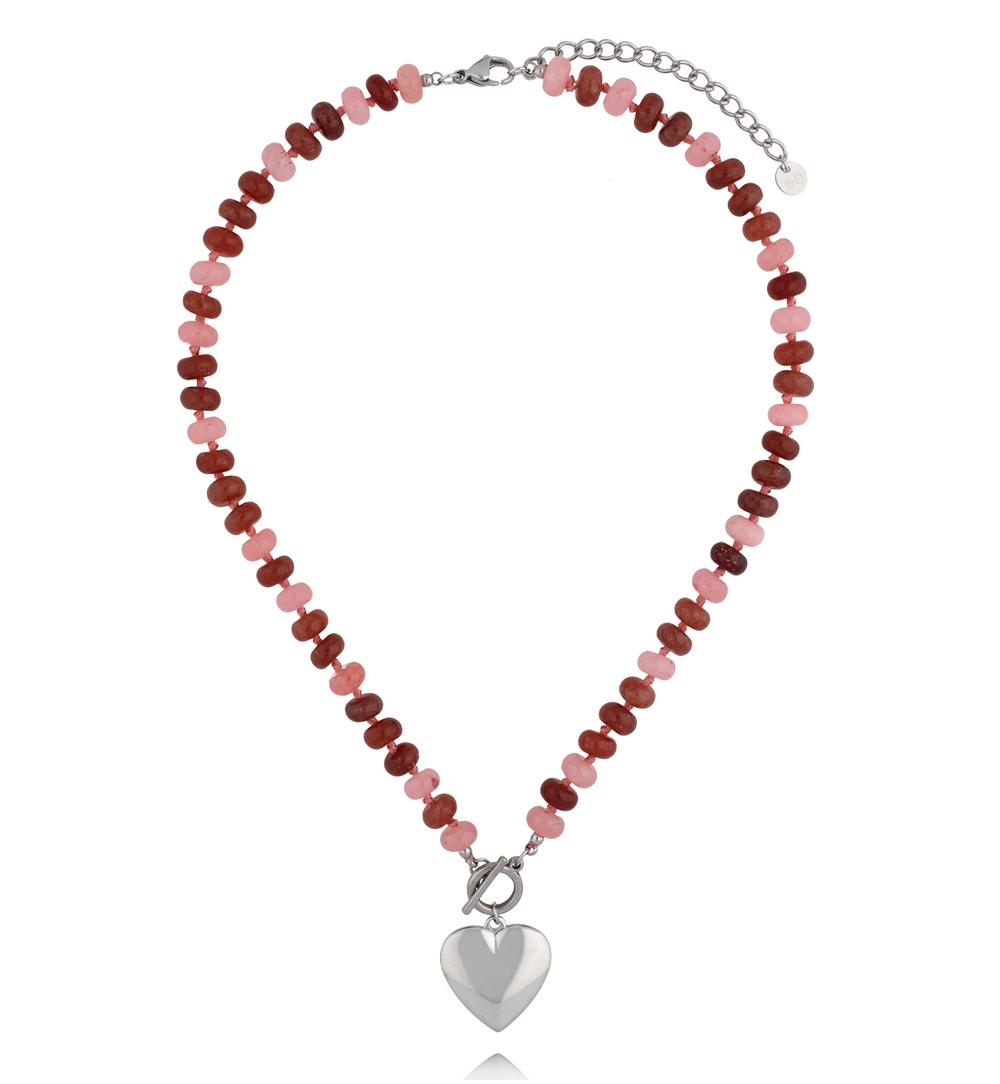 Naszyjnik z różowych i rubinowych kamieni ze srebrnym sercem NPA1632