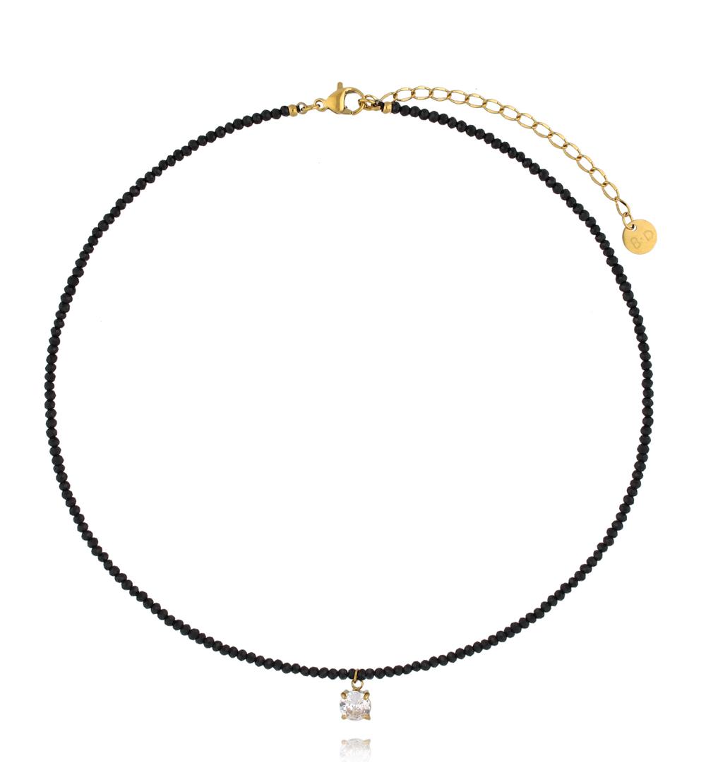 Naszyjnik z czarnych kamieni z zawieszką kryształową NTW1562